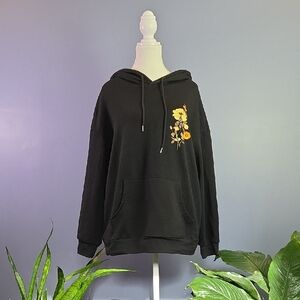 Black Hoodie Sweater with Yellow Floral Embroidery L
